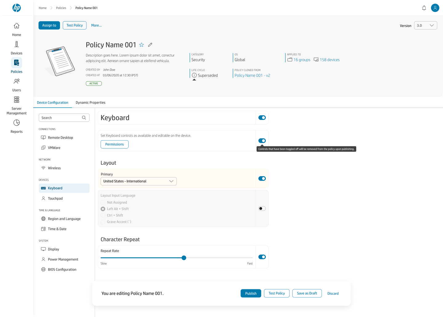Policy detail for Policy Name 001 showing category, OS, applied groups and device counts, life-cycle status, and a Device Configuration tab with a category nav and a toggle-gated Keyboard configuration.